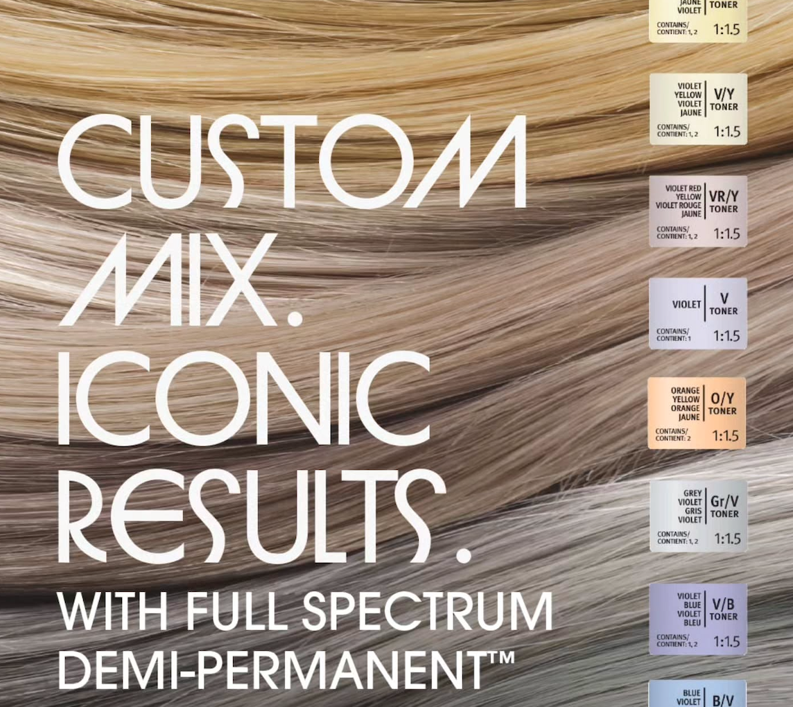 Aveda color chart featuring 28 fresh custom blends by Brandie Devillier using Full Spectrum Demi-Permanent Toners.