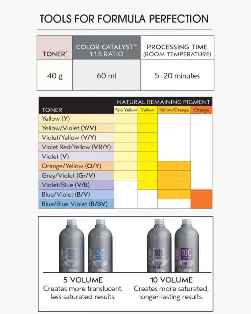Aveda Full Spectrum Demi-Permanent Toner Expansion Aveda color technical booklet showing the new Grey/Violet, Yellow/Violet, and Orange/Yellow demi-permanent toner shades.